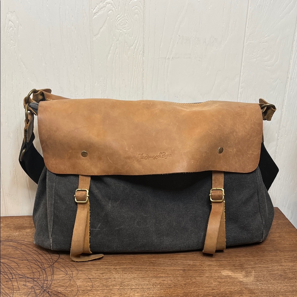 The House of Flynn Tan Leather and Gray Messenger Camera/Diaper Bag